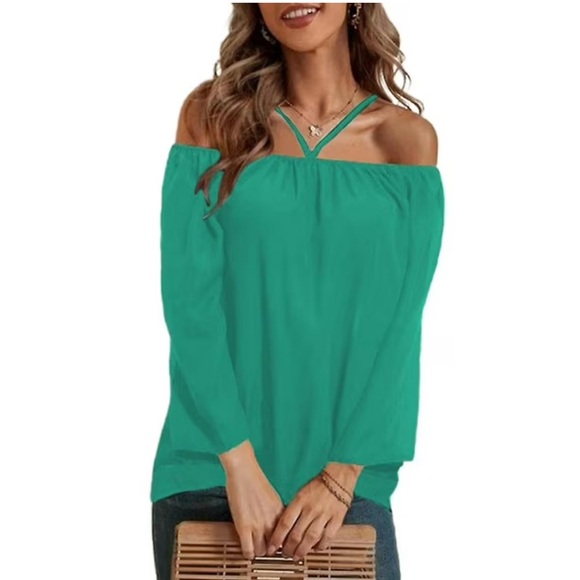 Green Off-Shoulder Flutter Sleeve Blouse - Picture 1 of 5